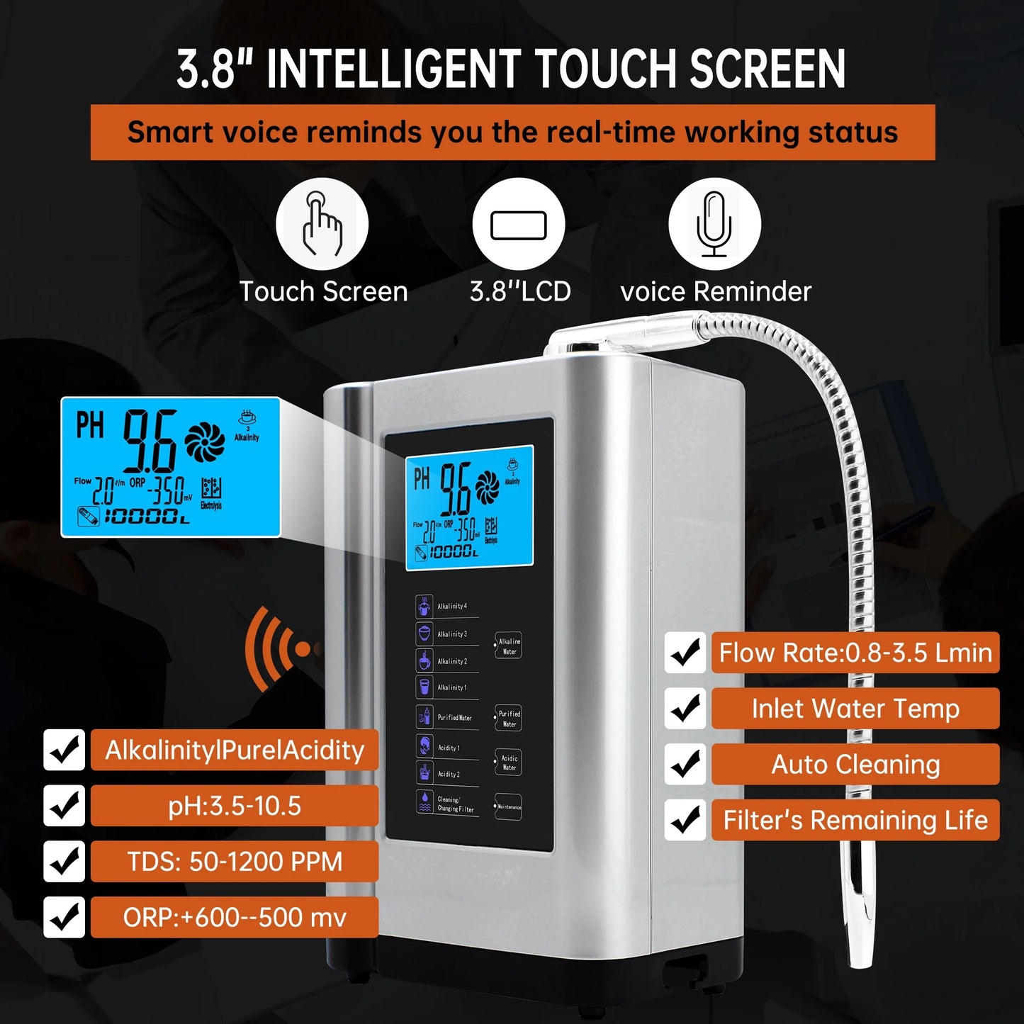 Alka water ionizer, water purifier machine ph 3.5-10.5 alkaline acid water machine,up to -500mv orp, 8000 liters per filter,7 water settings,auto-cleaning,intelligent voice(silver)