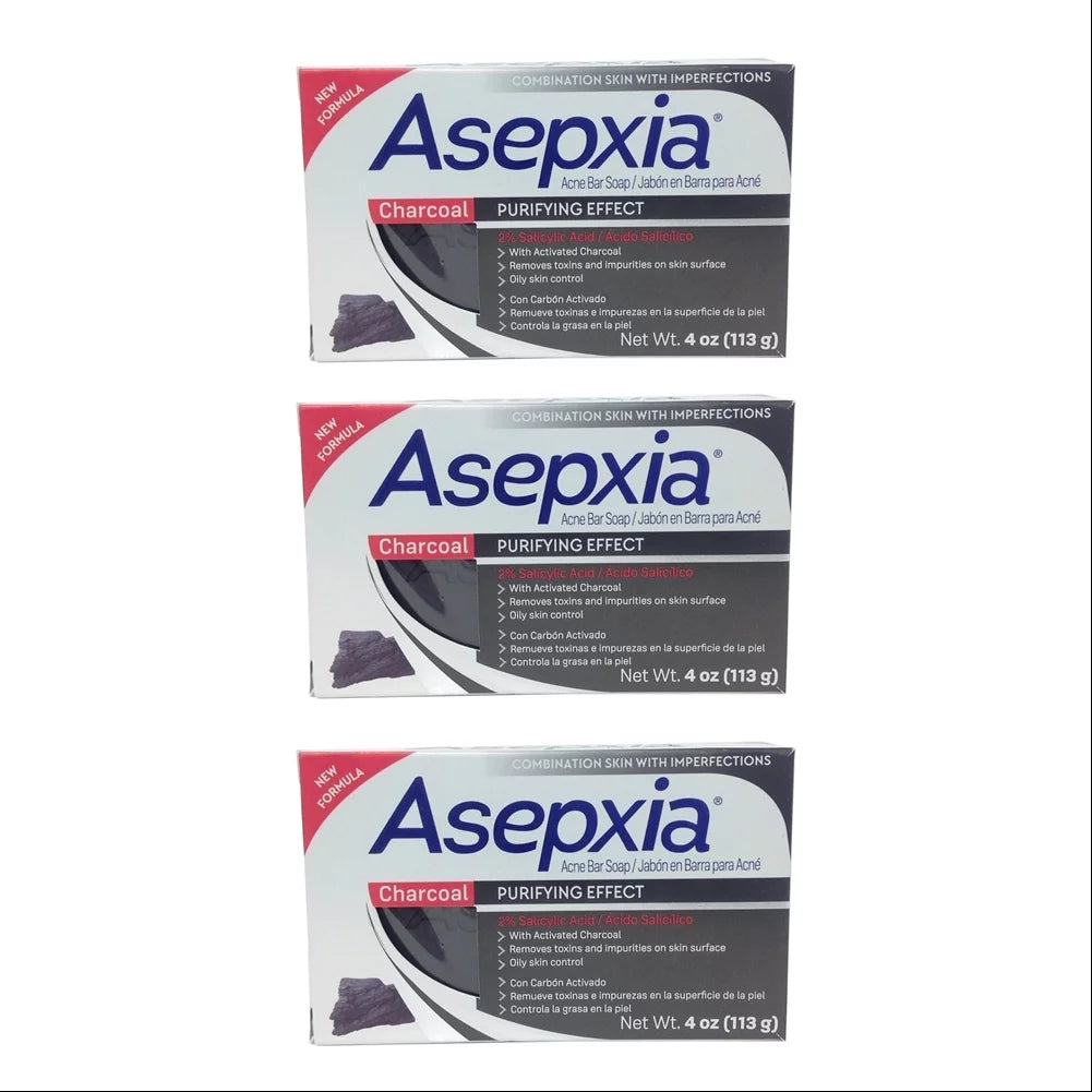 Asepxia charcoal cleansing bar soap for acne and blackheads. removes impurities and toxins. helps oily skin with salycilic acid. 4 oz. pack of 3