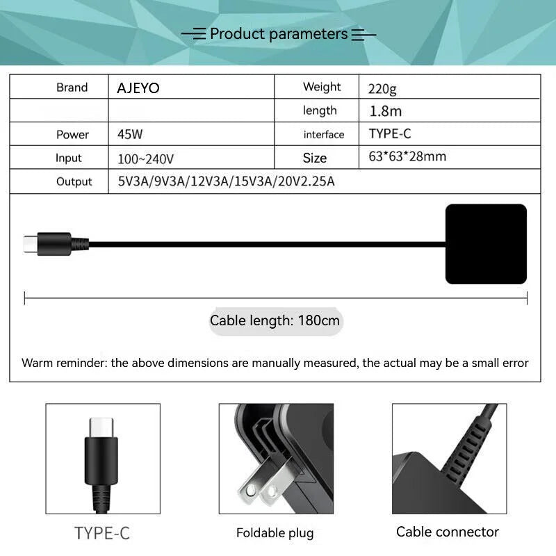 20v 2.25a type-c laptop ac adapter charger for dell 13 7389 7390 3380,12 5289 7275 7285,4ryww 2vp8g cdh54 2ykof 0p51h hdcy5,7289 p29s 3380 7350 5490 t17g 5495 7390 7212 3390 5290 7285 5590 7370 5320