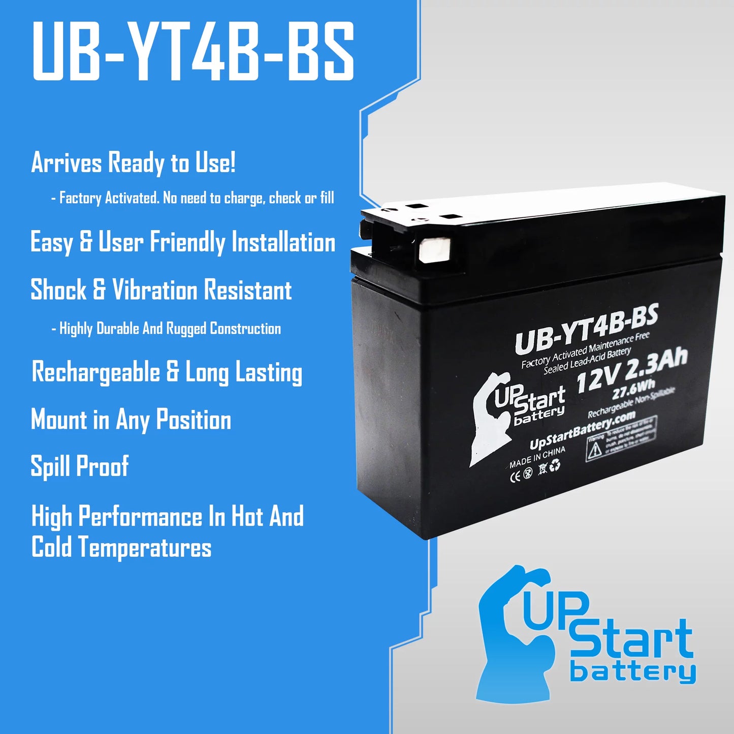 5-pack upstart battery replacement for 2005 yamaha sr400 400cc factory activated, maintenance free, motorcycle battery - 12v, 2.3ah, ub-yt4b-bs