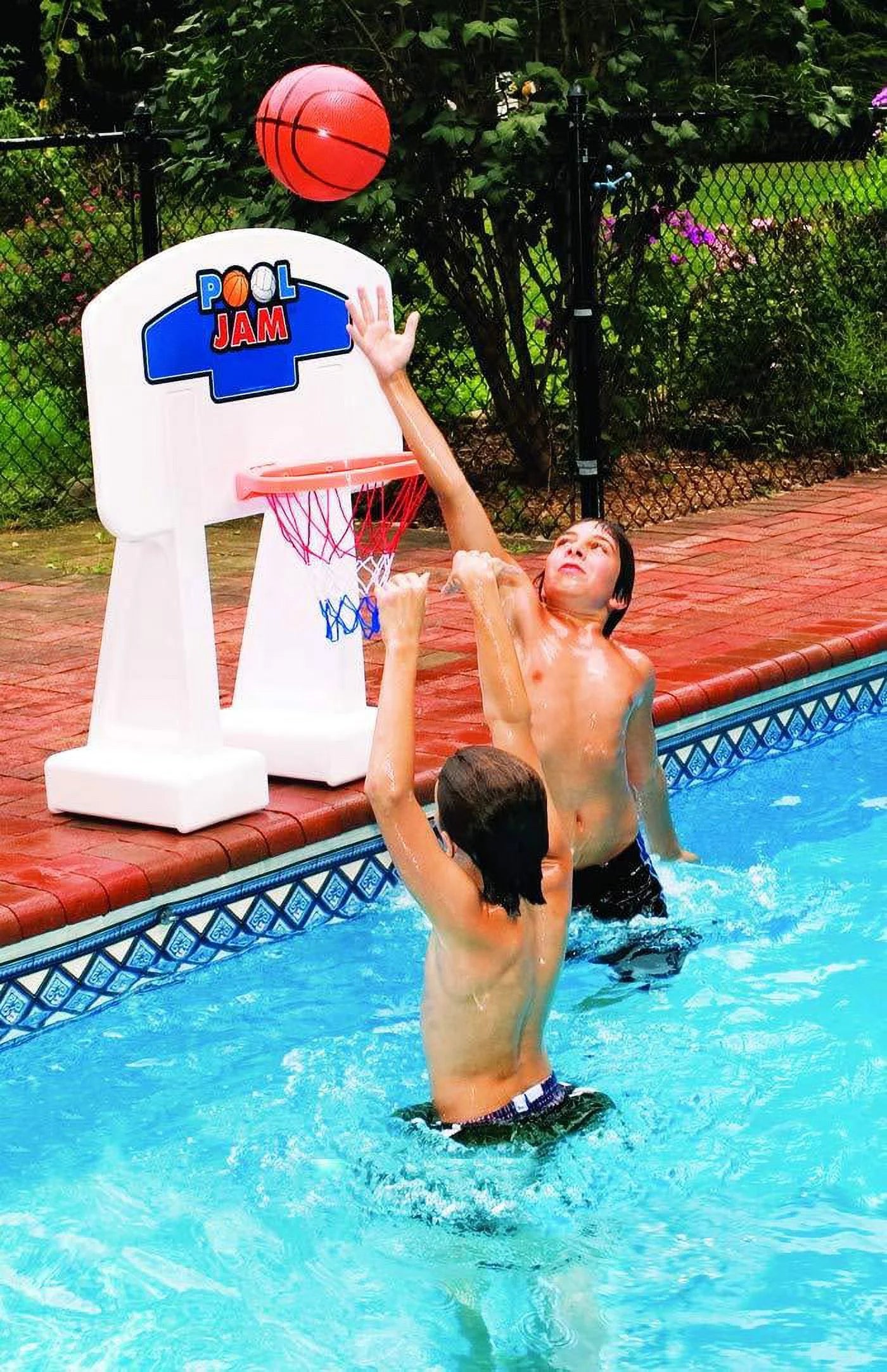 Swimline pool basketball hoop poolside game pool jam heavy duty with plastic rim for kids & adults swimming splash hoops games with midsize water basketball, toy for pools, outdoor summer hoops 9189m