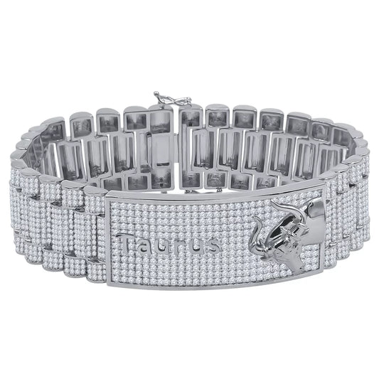 Zodiac sign taurus bull 14k white gold finish simulated diamond mens bracelet 8.5''