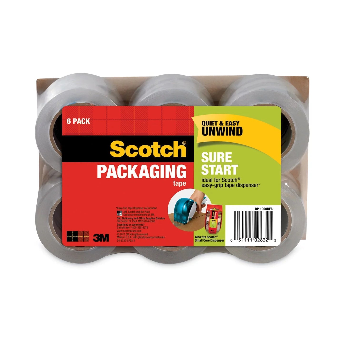 1pc scotch sure start packaging tape for dp1000 dispensers, 1.5\\" core, 1.88\\" x 75 ft, clear, 6/pack