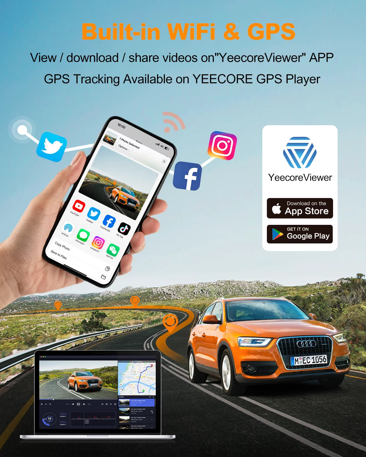 Yeecore dual dash cam, real 4k+1080p front and rear, built-in wifi gps, 3" ips screen, hdr night vision, 24h parking monitor, 157°wide angle dash camera for cars, g-sensor, loop recording