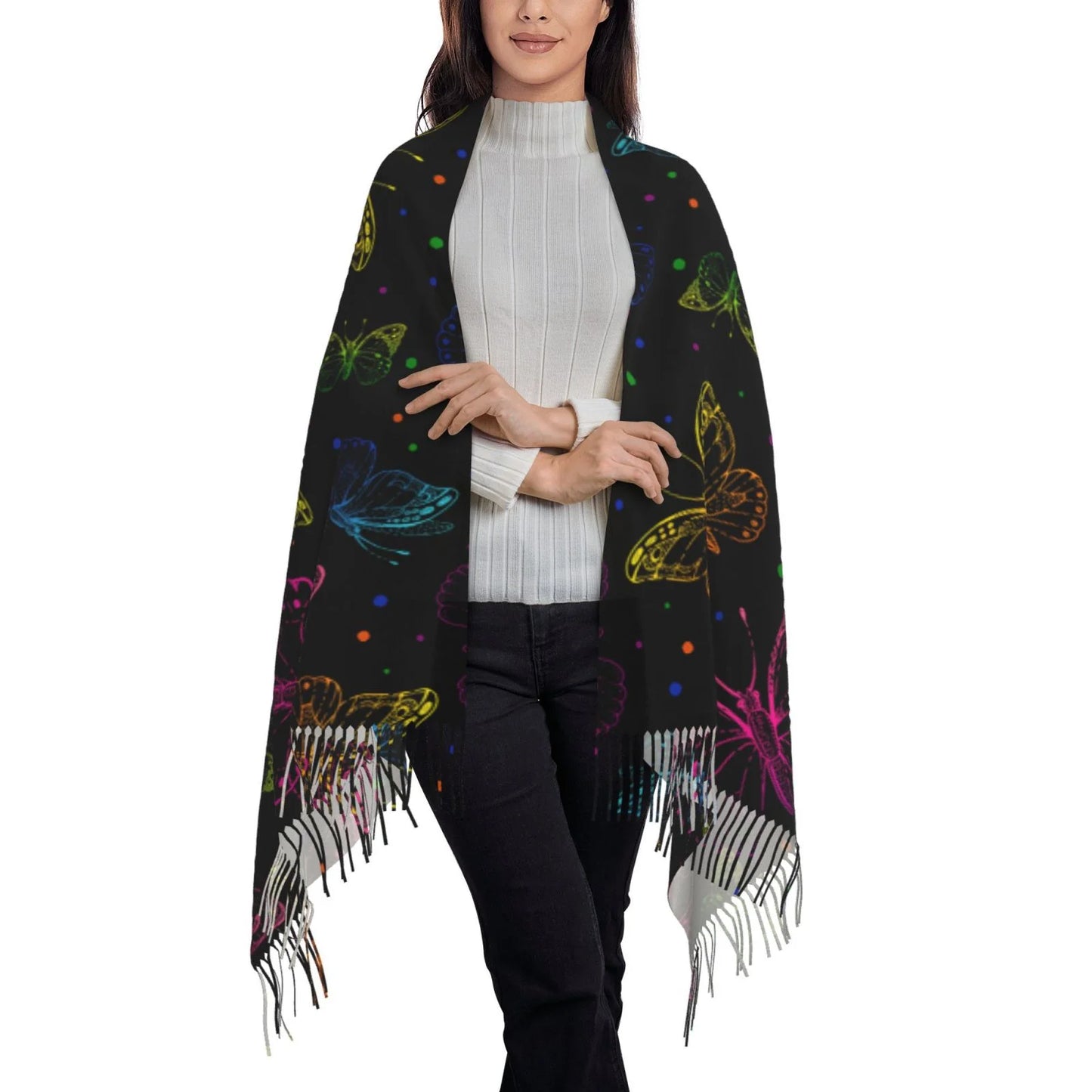 Bingfone soft cashmere feel scarf for women elegant art print winter warm scarves large shawl wrap gifts- butterfly