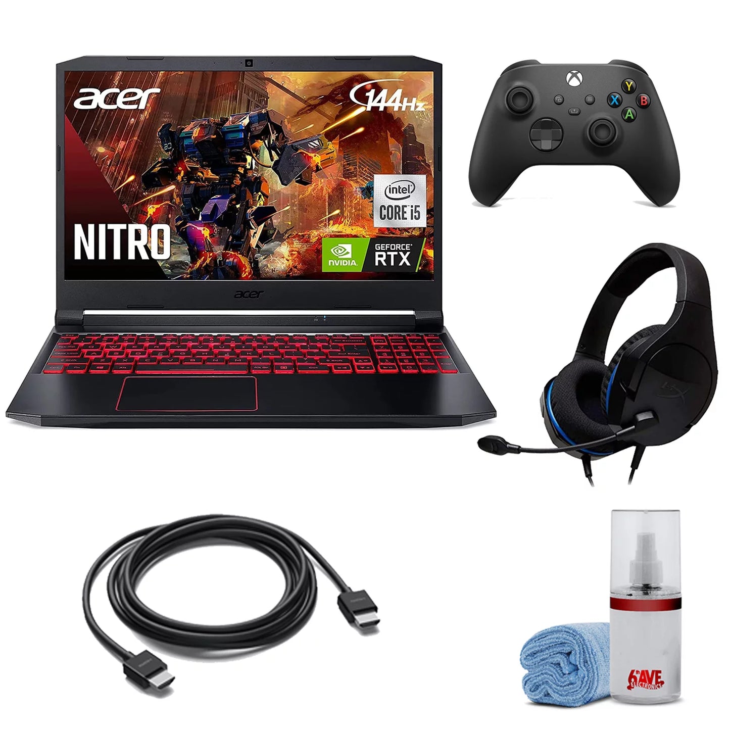 Acer nitro 5 15.6-inch 144hz ips gaming laptop + high quality 6ft hdmi cable + lcd screen cleaner + wired stereo gaming headset + gaming controller- carbon black