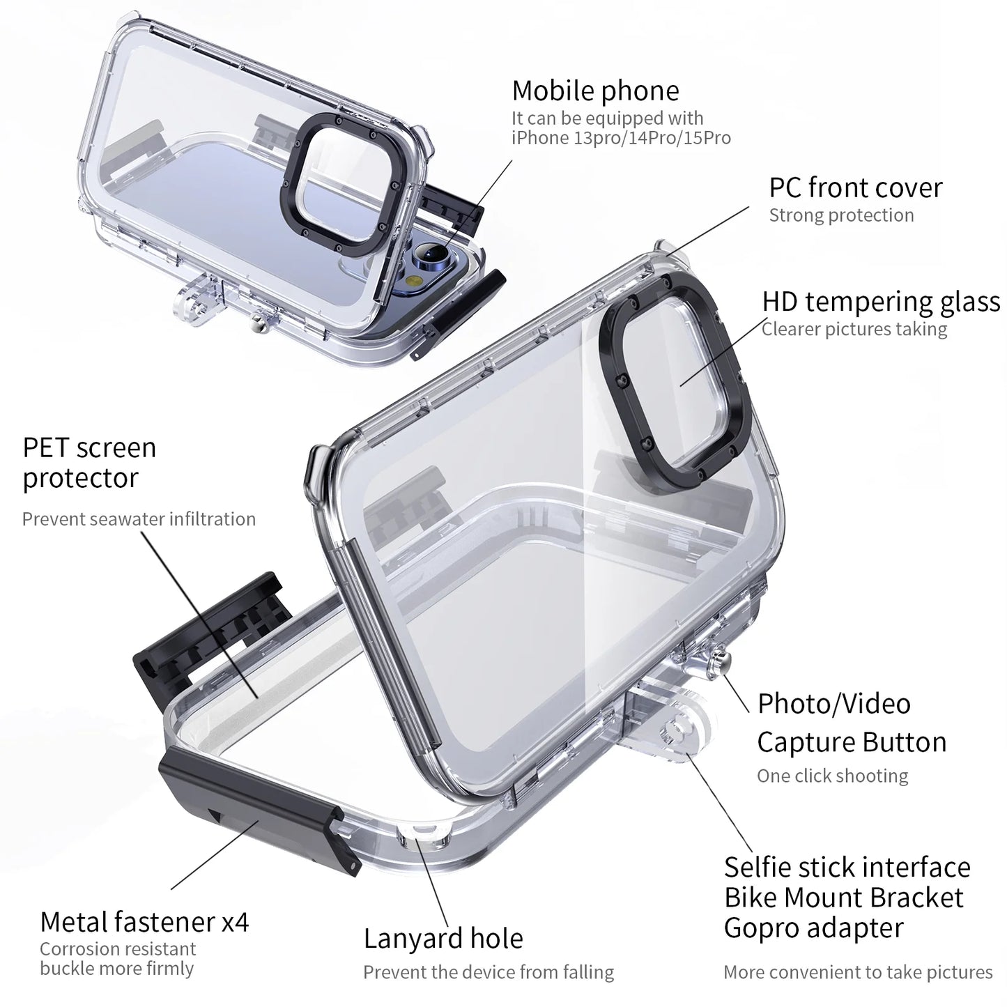 Upgrade one-way valve diving case for iphone 15 pro / 14/14 pro / 13/13 pro / 12/12 pro waterproof housing,40m/130ft underwater diving case ip68 waterproof shockproof dustproof