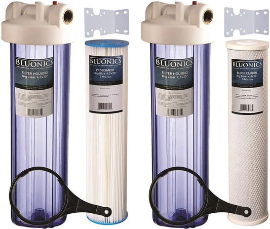 Two 20" big blue whole house water filter w/pleated sediment & carbon filters  clear blue transparent housings