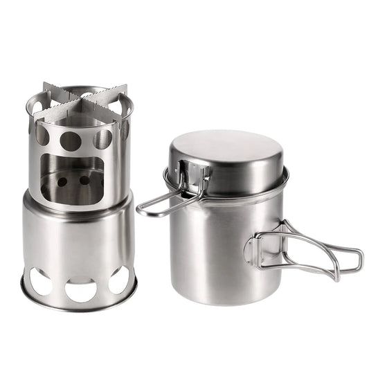 Tomshoo compact wood burning stove and cooking pot set, ideal for backpacking and activities