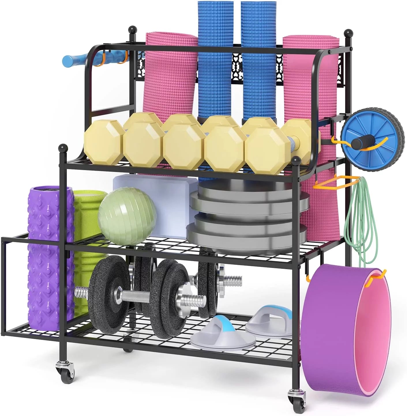 Y&m yoga mat storage racks, home gym storage rack for organizing kettlebells dumbbells foam roller, all-in-one workout equipment storage organizer with hooks and wheels, yoga strap and resistance band