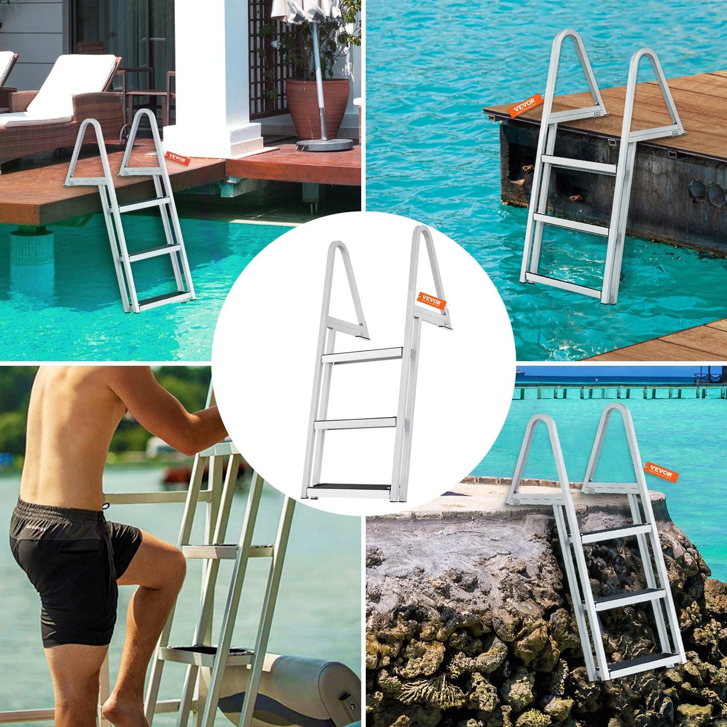 Vevor removable 3-step dock ladder - 350 lbs capacity, aluminum alloy with 4'' wide nonslip steps, simple installation for boats, lakes, pools & marine access