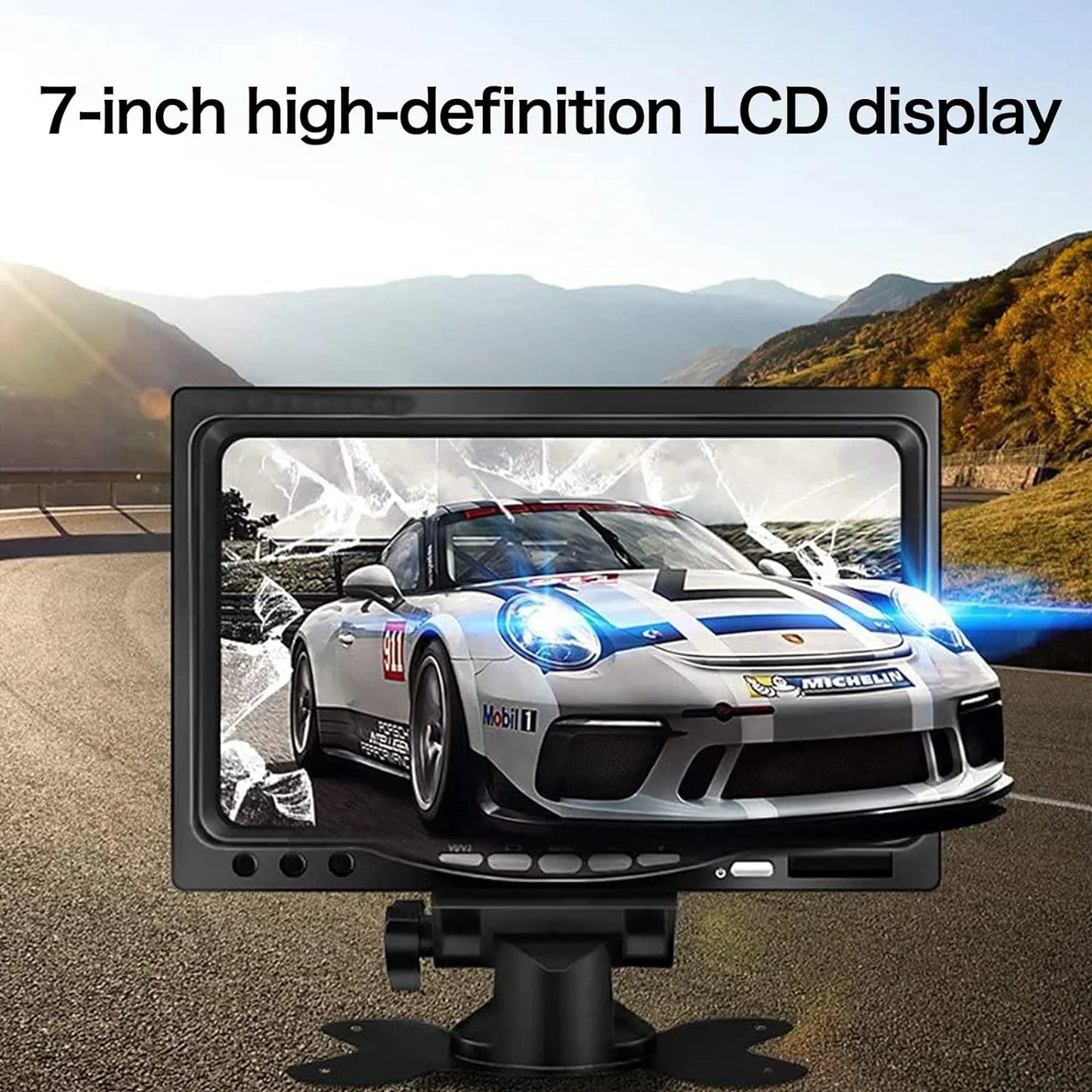 B-qtech 7 inch rear view camera screens, full colour lcd display, 800 * 480 rp, dc12v-24v, av1/av2 video switching, lcd car monitor for car trucks buses motorbikes