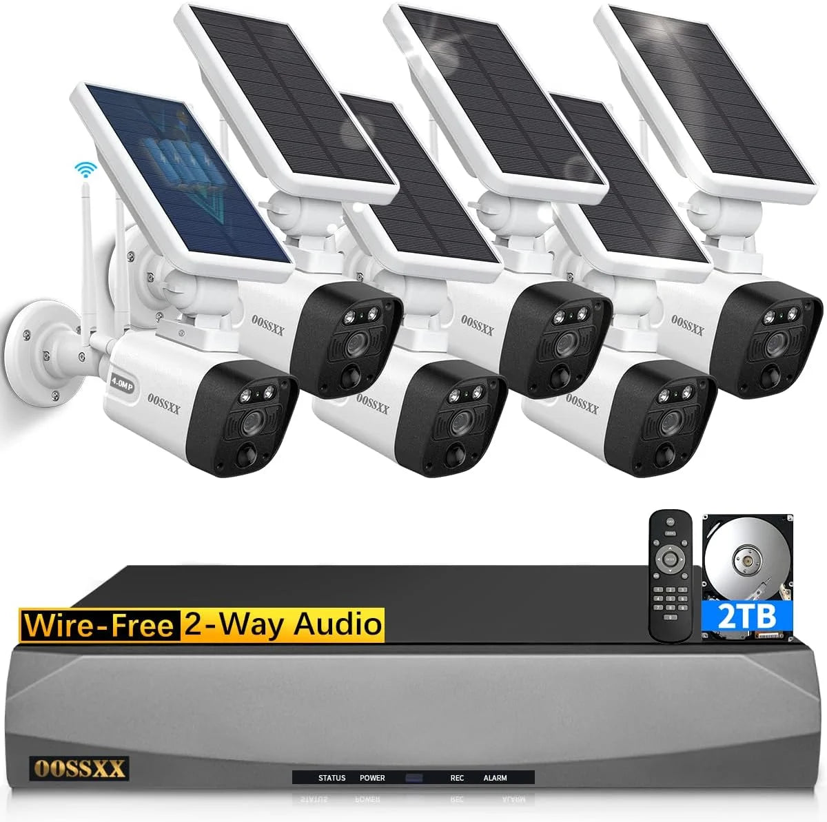 {100% wireless solar security camera system}, 6pcs 2k 3.0mp solar cameras with 8-channel nvr, wire-free home surveillance system, 2tb hard drive pre-installed by oossxx