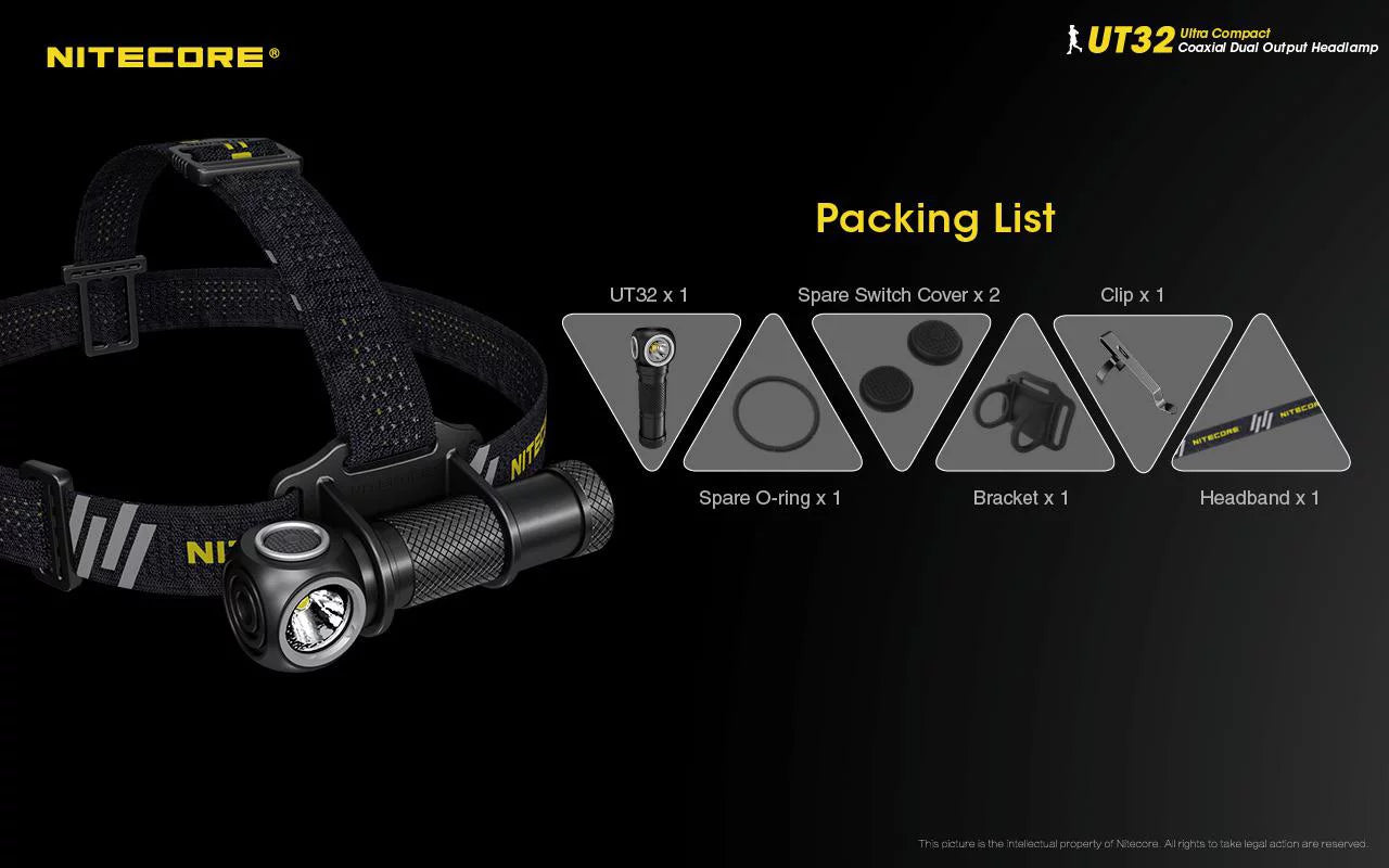 Value bundle: nitecore ut32 dual emitter headlamp - (5700k, cool white) - (3000k, warm white) with 1x nl1834 battery and 1x tini keychain light (random color choices)