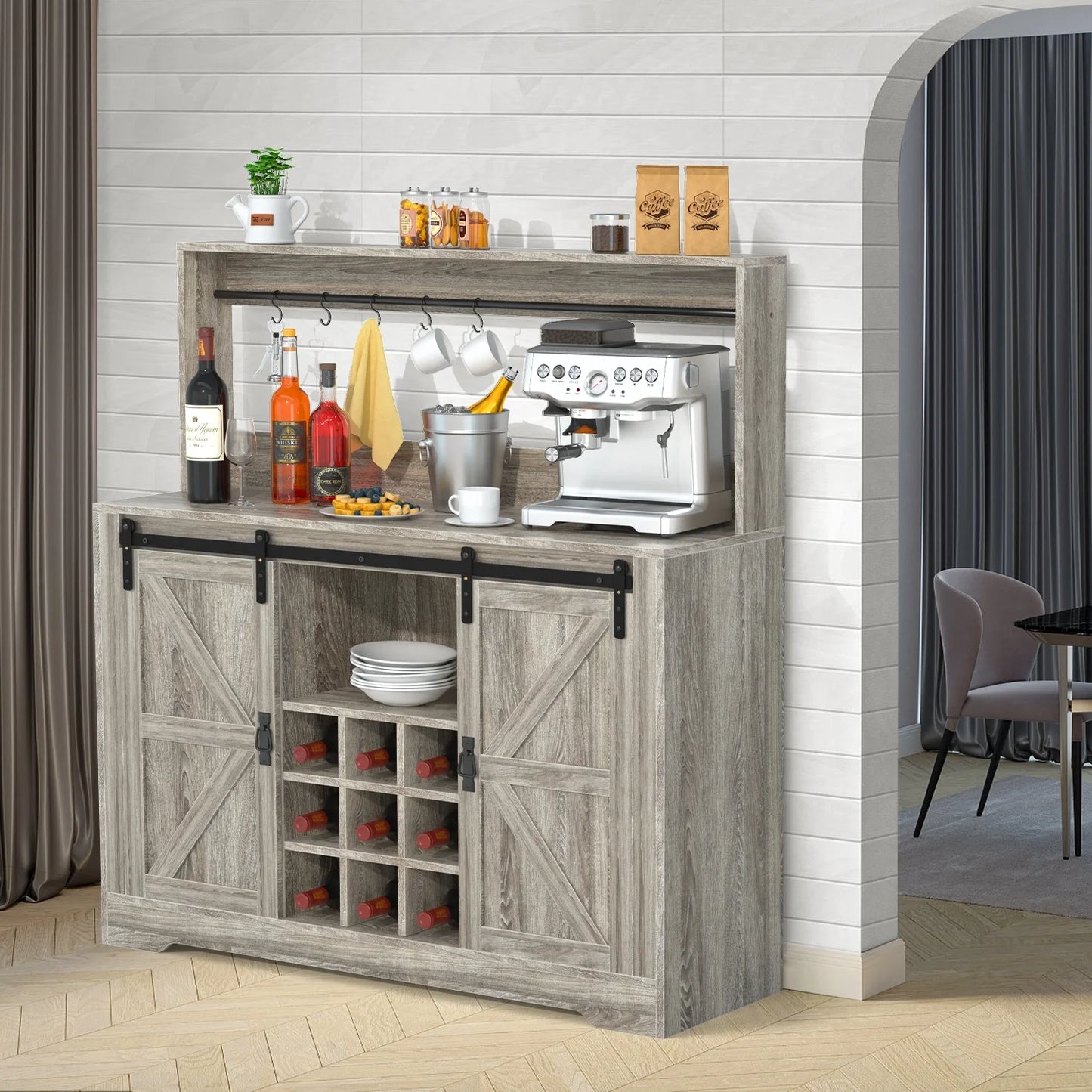 Urban deco coffee bar cabinet with rack and storage,liquor bar buffet sideboard with 6 hooks for kitchen dining room(gray)