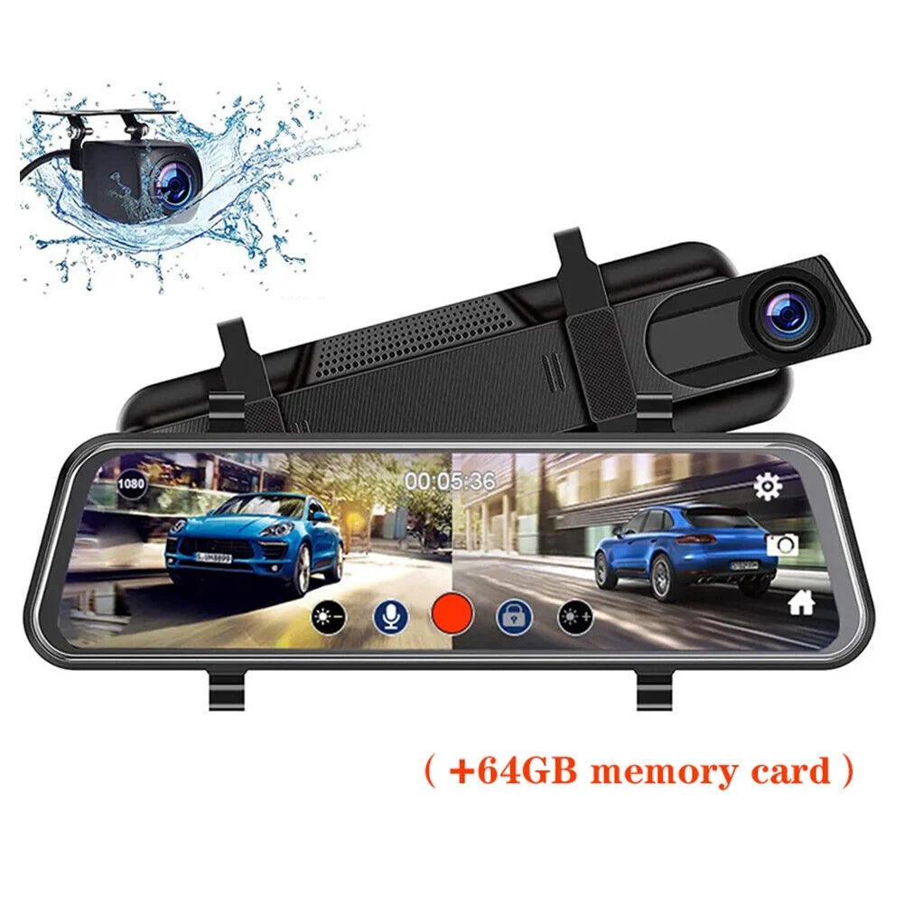 1080p mirror dash cam front rear dual camera 10" ips touch screen 170° wide angle car streaming recorder g-sensor loop recording