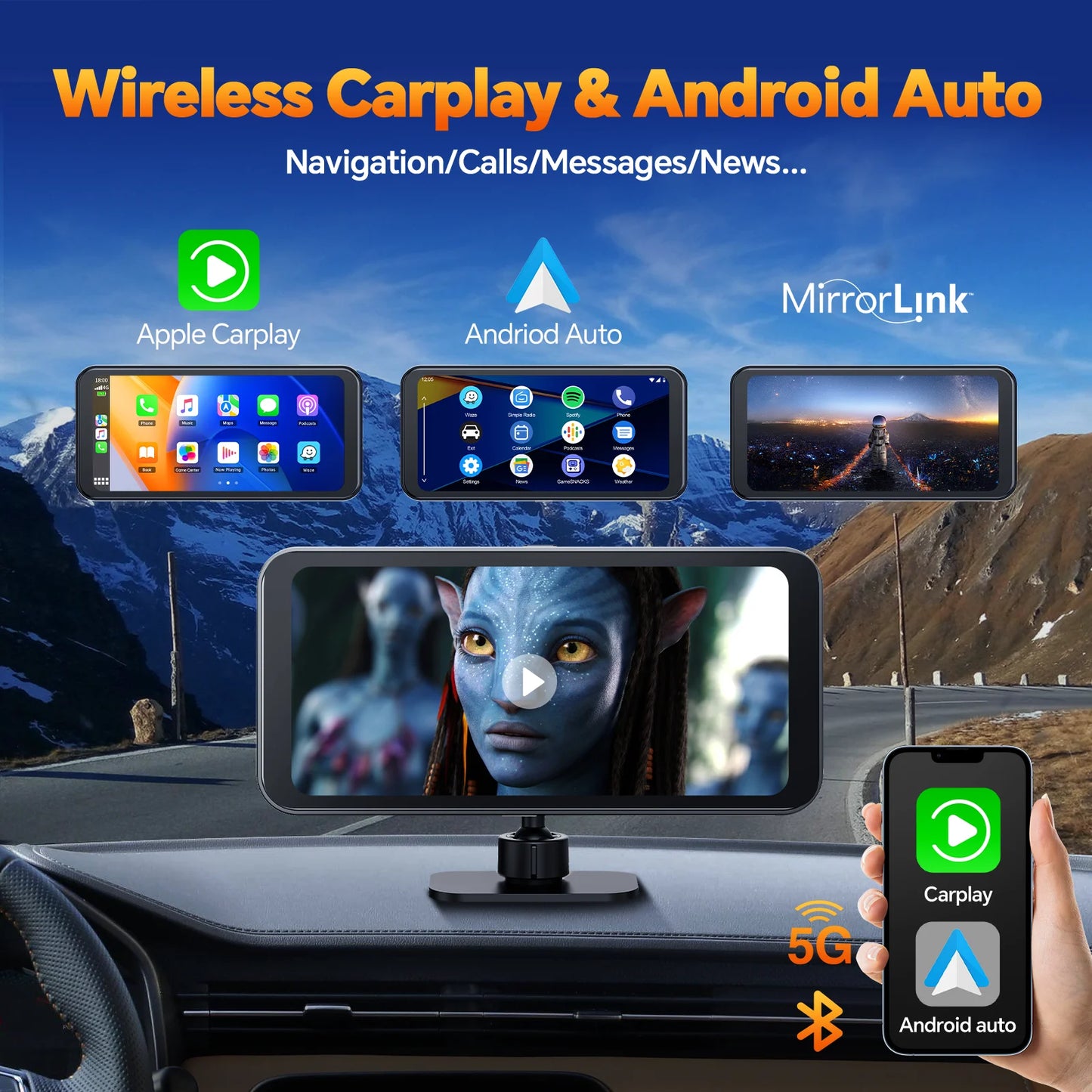 Toguar 6.25" portable apple carplay android auto screen with 4k ultra hd dash cam, wireless car play for gps navigation, bluetooth car stereo, backup camera park assist, mirror link car radio receiver