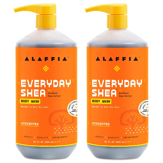 Alaffia everyday shea body wash, naturally helps moisturize and cleanse without stripping natural oils with fair trade shea butter, neem, and coconut oil, unscented, 2 pack - 32 fl oz ea.