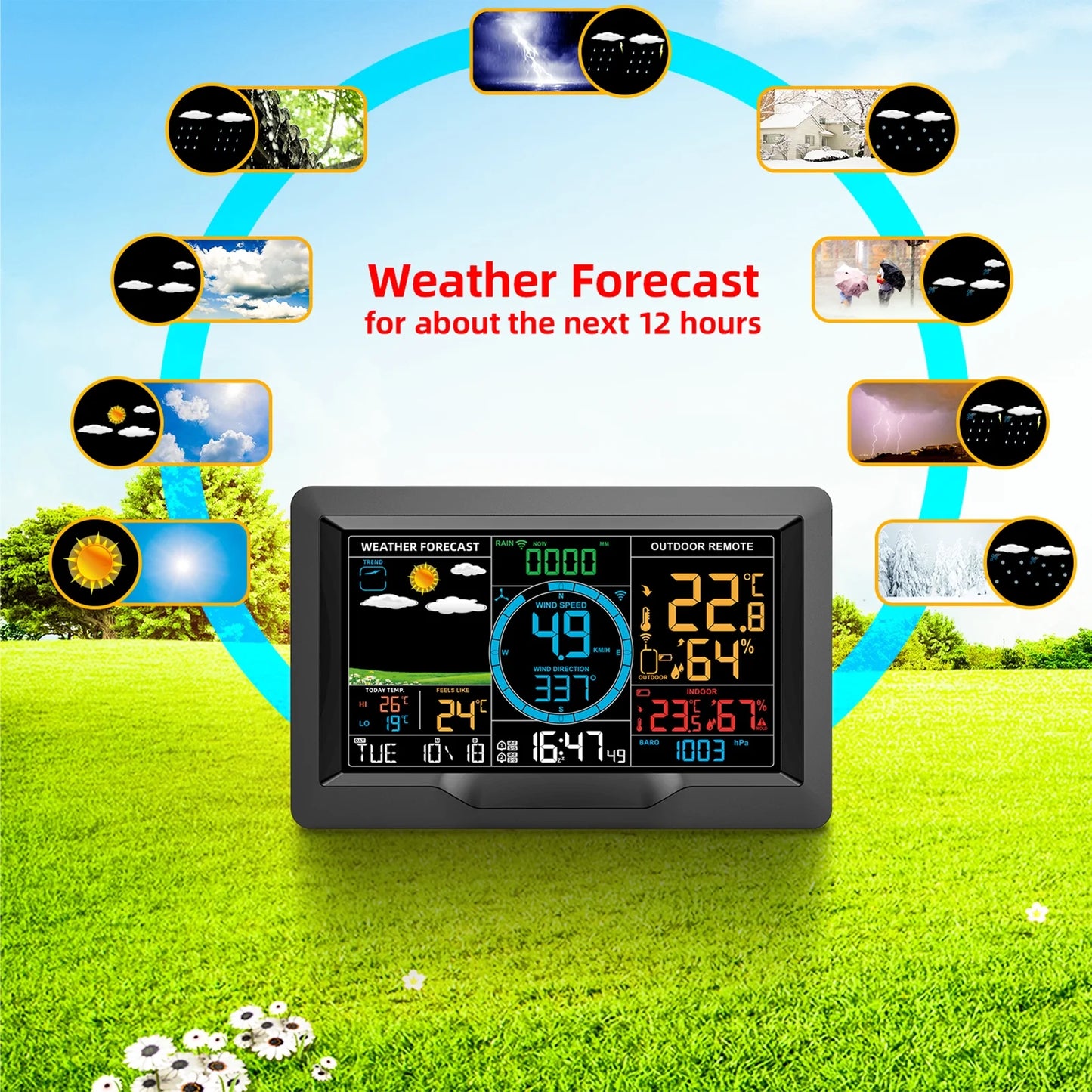 Suzicca wireless weather station indoor hygrometer thermometer temperature backlit humidity display  digital weather forecast station clock alarm clock with sensor usb port