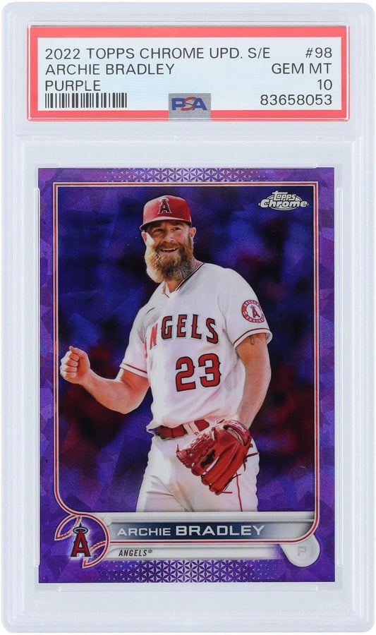 Archie bradley los angeles angels 2022 topps chrome updates purple refractor #us98 #9/10 psa authenticated 10 card