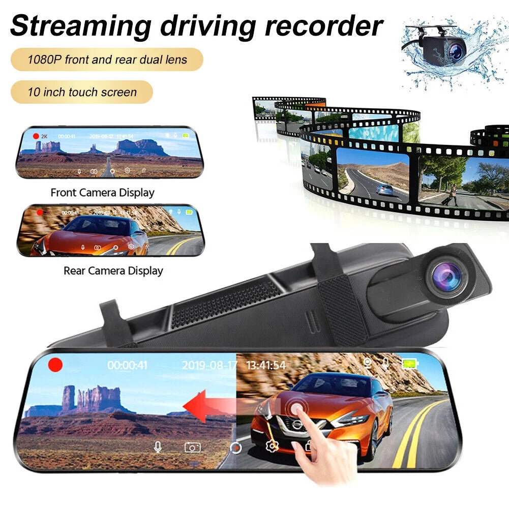 1080p mirror dash cam front rear dual camera 10" ips touch screen 170° wide angle car streaming recorder g-sensor loop recording