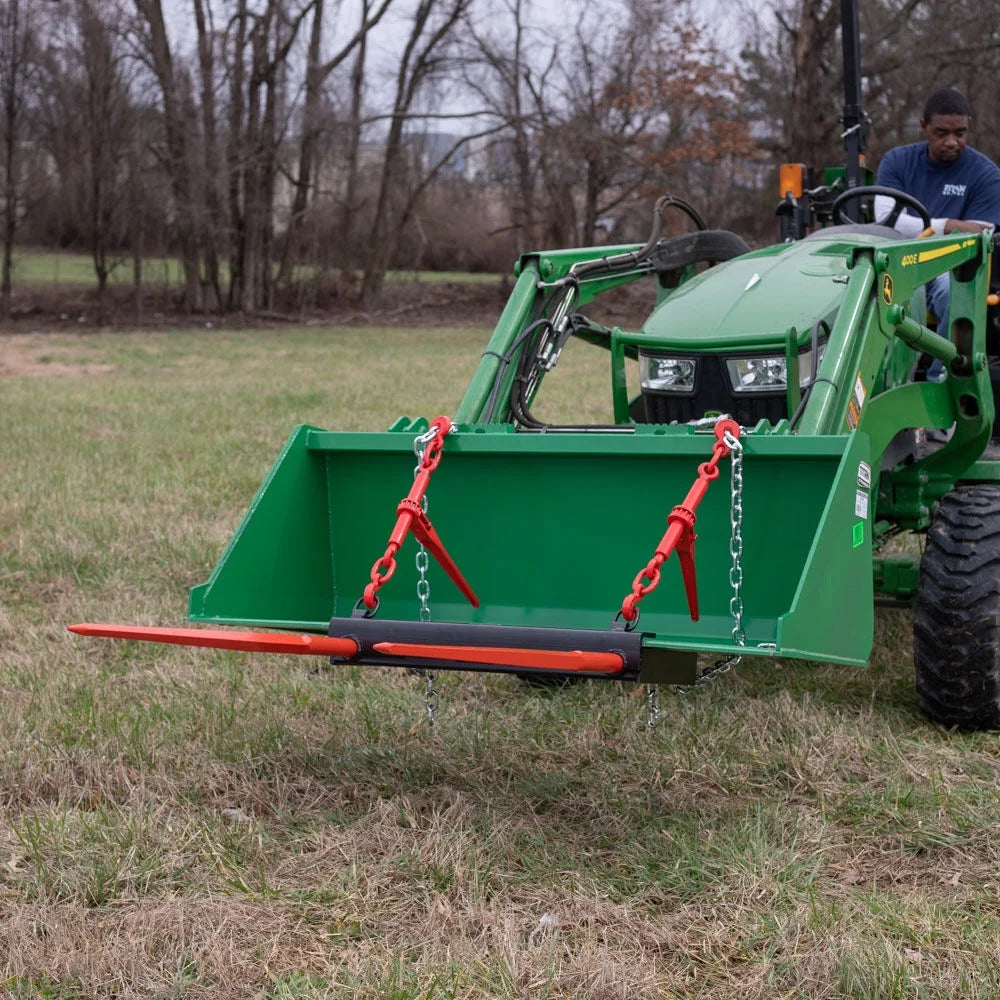 Titan attachments dual prong 43" hay bale spear attachment, universal hd front skid steer tractor loader bucket attachment, 3000 lb capacity, conus 2 tines, chains and ratchet binders included