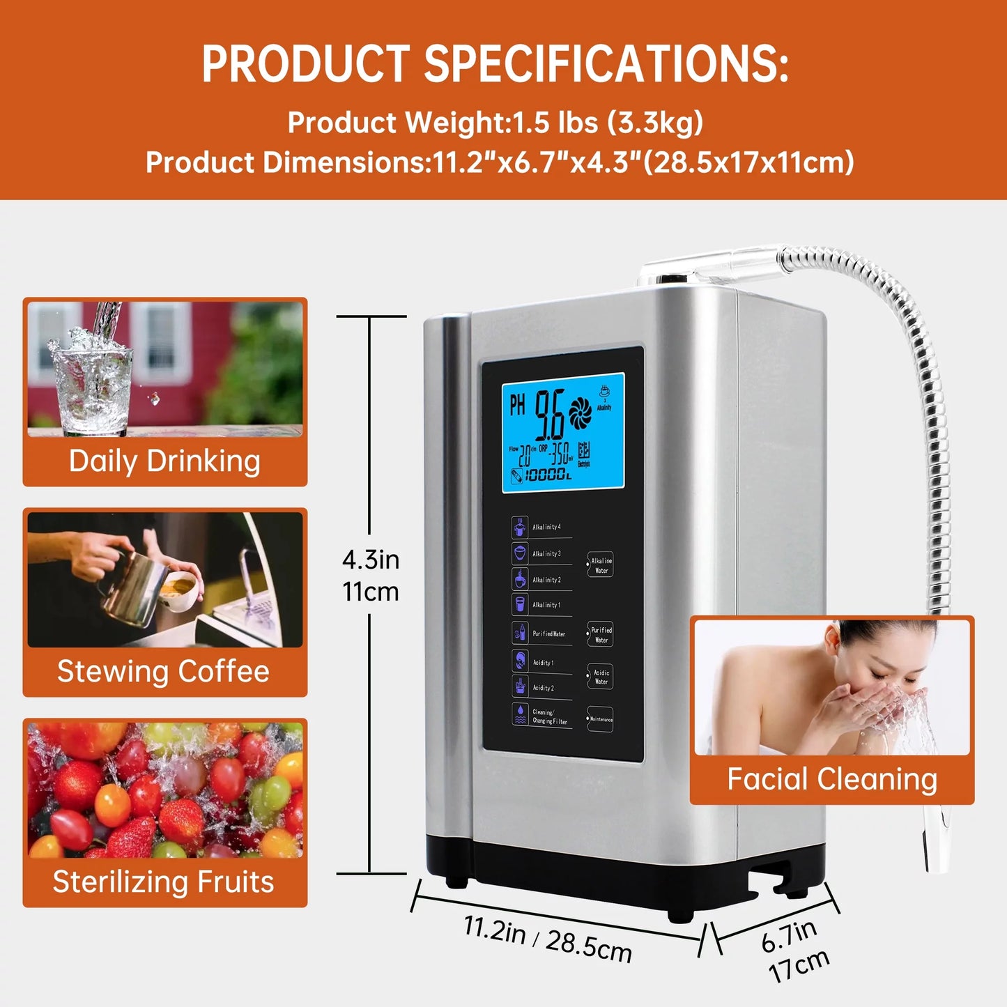 Alka water ionizer, water purifier machine ph 3.5-10.5 alkaline acid water machine,up to -500mv orp, 8000 liters per filter,7 water settings,auto-cleaning,intelligent voice(silver)