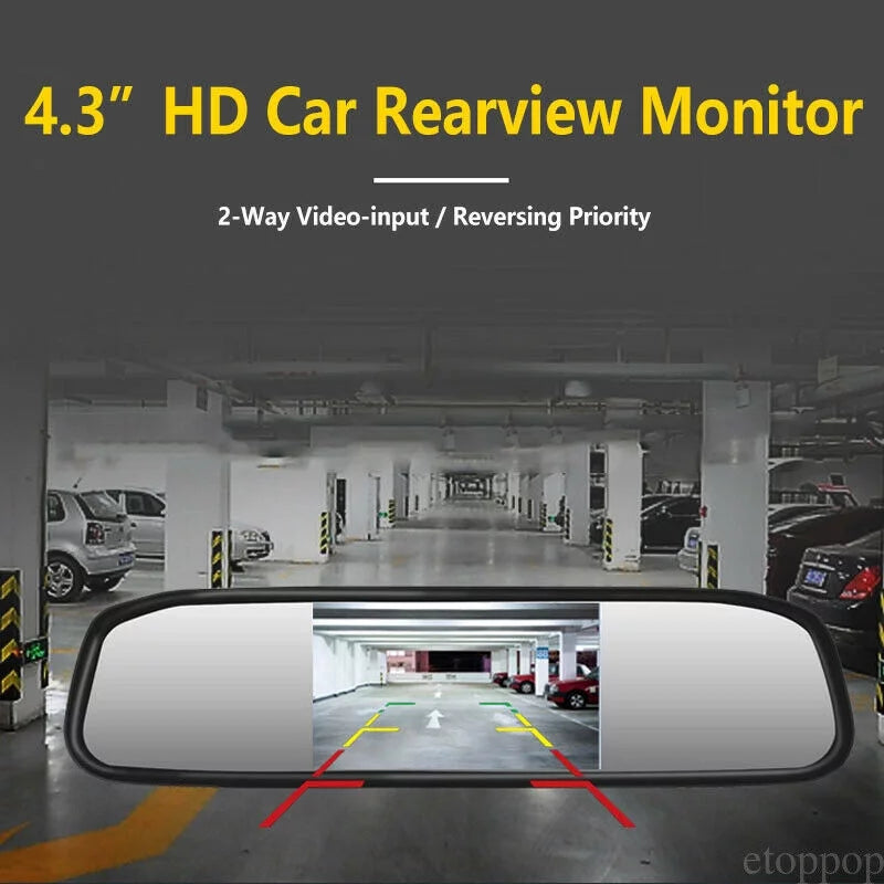 4.3" backup camera mirror car rear view reverse night vision parking system kit