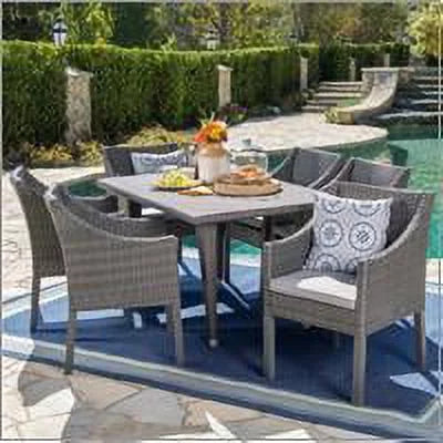 Arcadia outdoor 7 piece wicker rectangular dining set with cushions, grey, silver