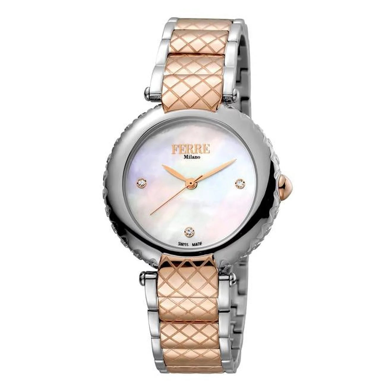 Womens swiss made quartz two tone rose gold bracelet watch with white mother of pearl dial