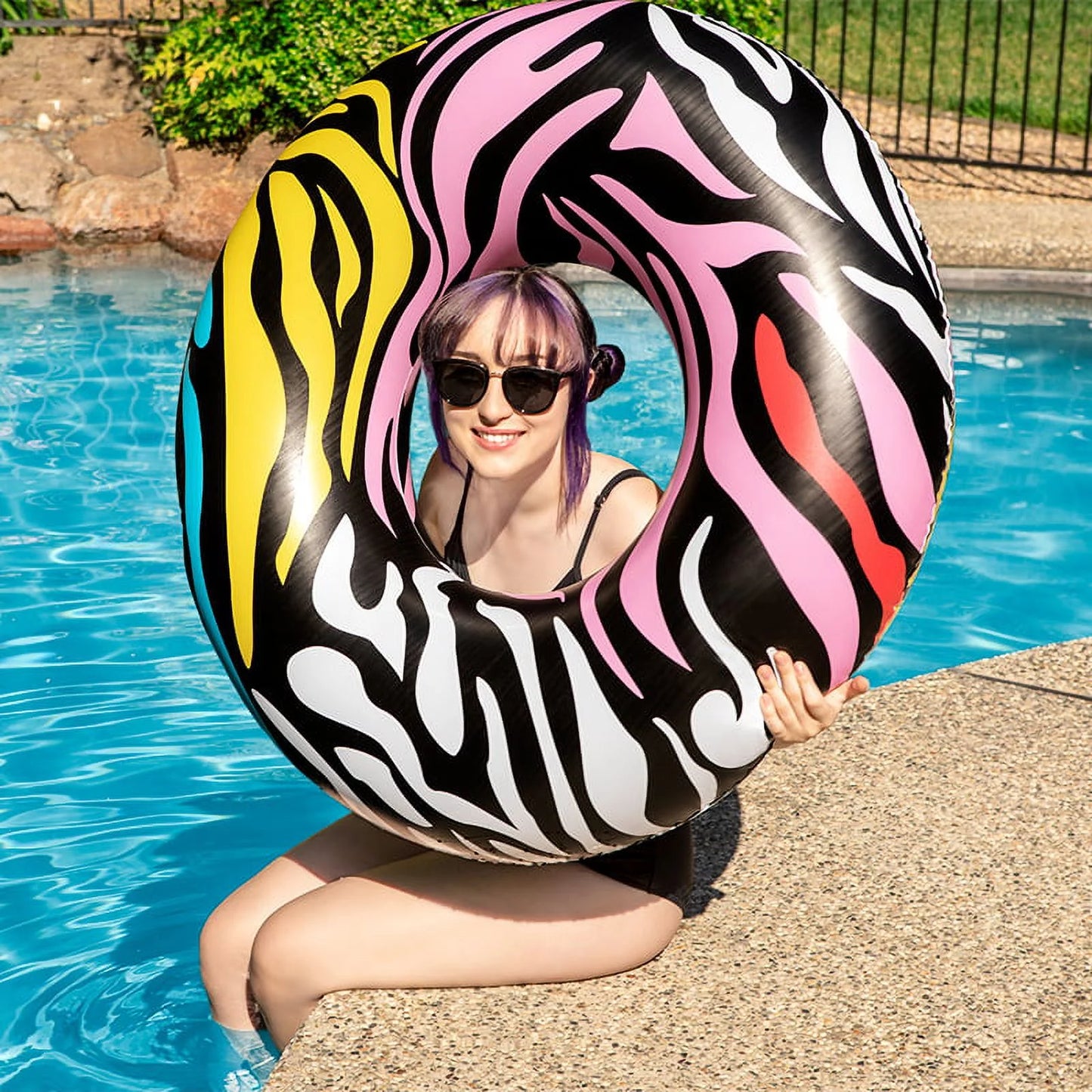 Swim central 39" multi-color zebra stripes inflatable inner tube ring float