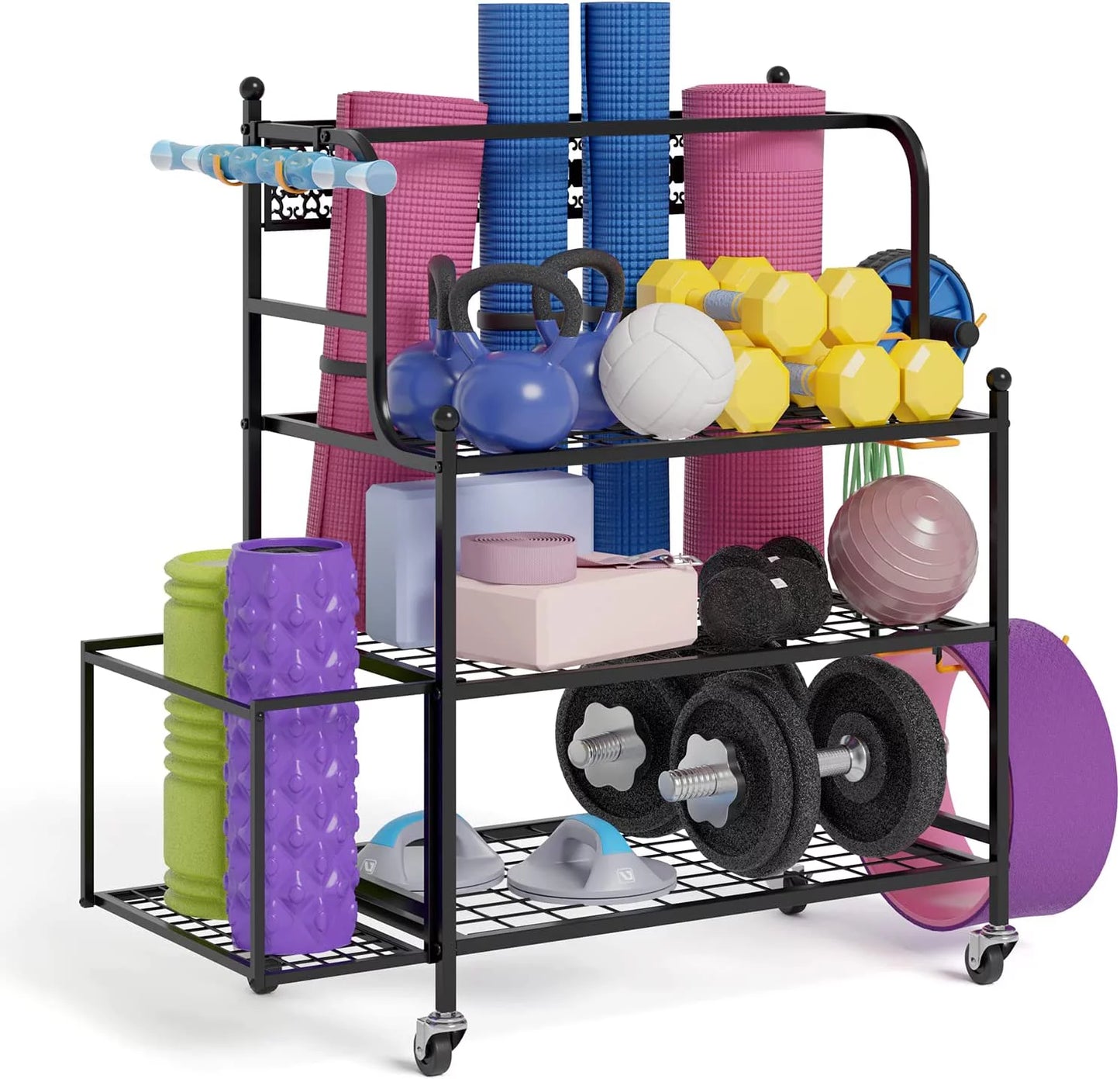 Y&m yoga mat storage racks, home gym storage rack for organizing kettlebells dumbbells foam roller, all-in-one workout equipment storage organizer with hooks and wheels, yoga strap and resistance band