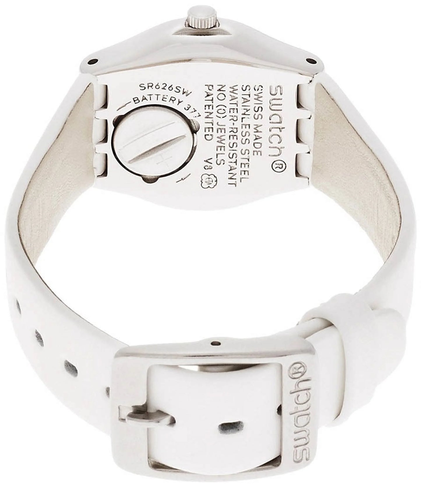 Swatch yss296 silver tone dial white leather strap women's watch