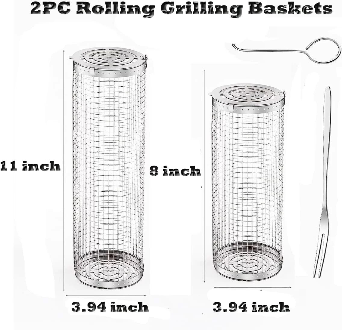 2pc rolling grilling basket，round barbecue bbq grilling basket ，portable outdoor camping bbq rack for fish, shrimp, vegetables, barbeque griller cooking accessories