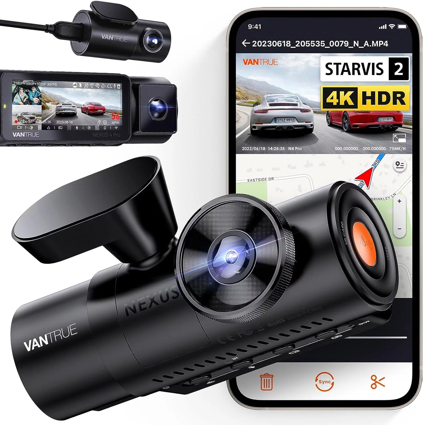 Vantrue n4 pro 3 channel 4k wifi dash cam | gps 4k + 1080p + 1080p (memory card not included)