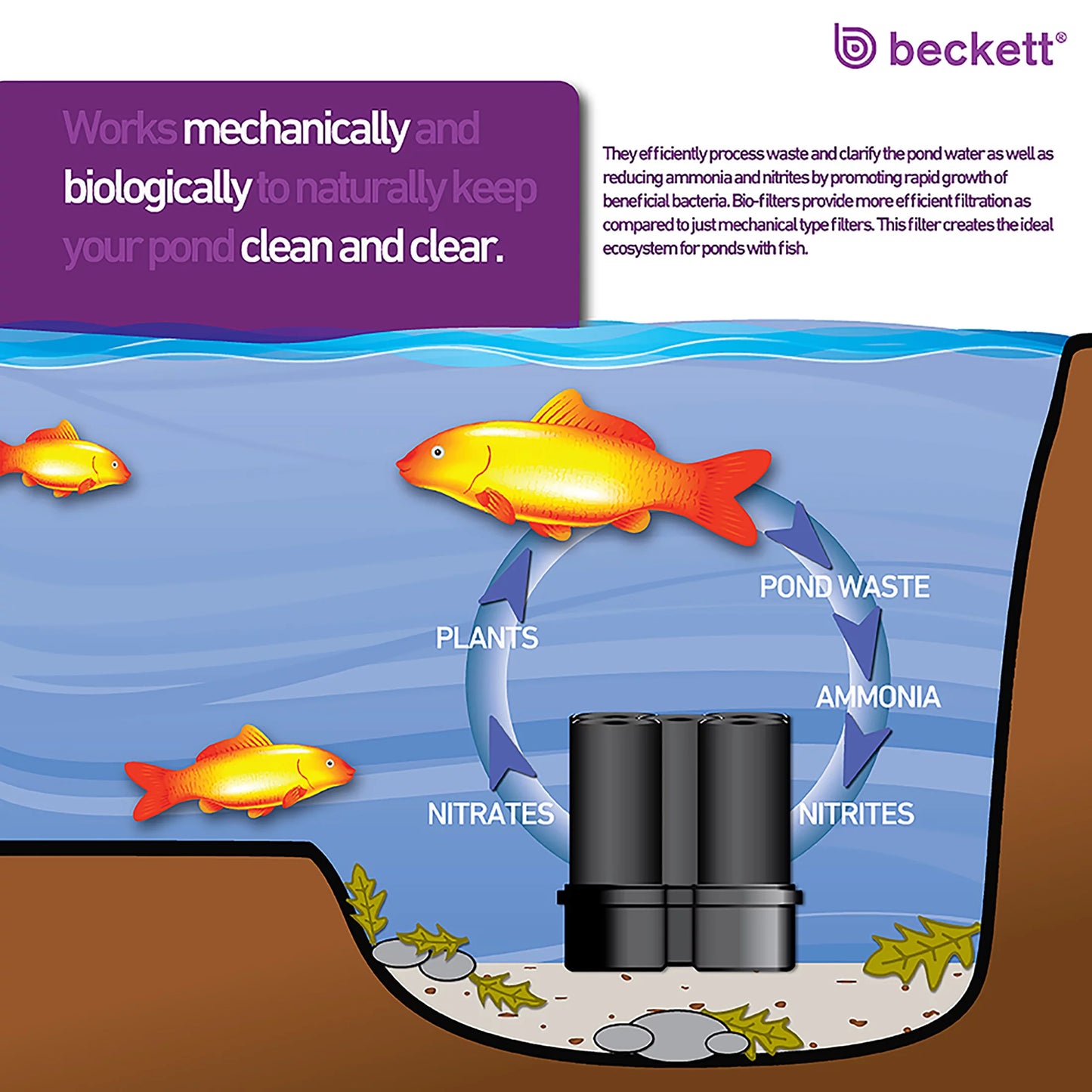 Beckett 500 gph 38 watt submersible biological pond pump kit w/fountain nozzles, filters, bio-balls filtration media supports beneficial bacteria for ponds, waterfalls, water gardens