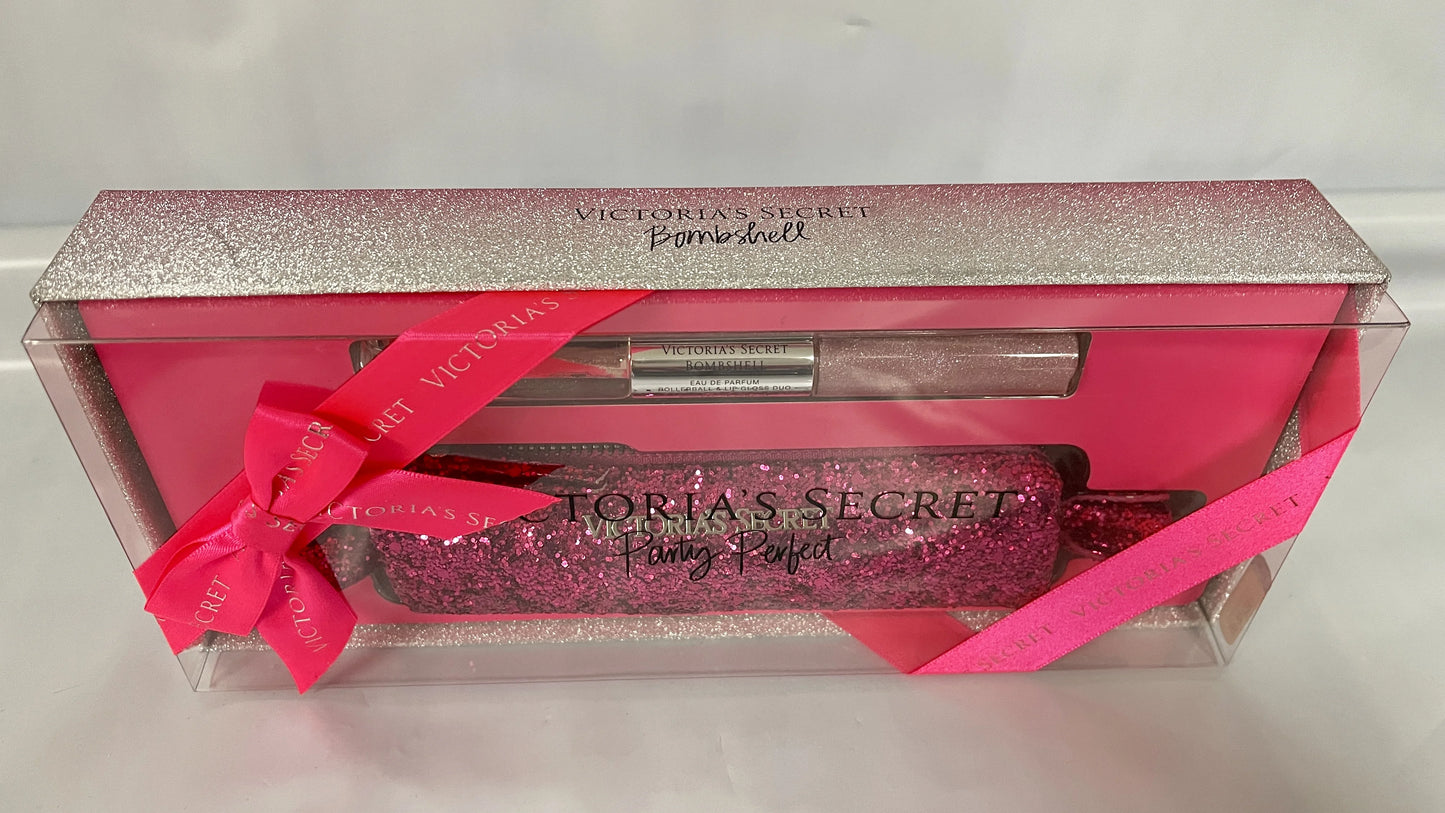 Victoria's secret bombshell rollerball and lip gloss duo & glitter bag party set pink sparkle bag gift set