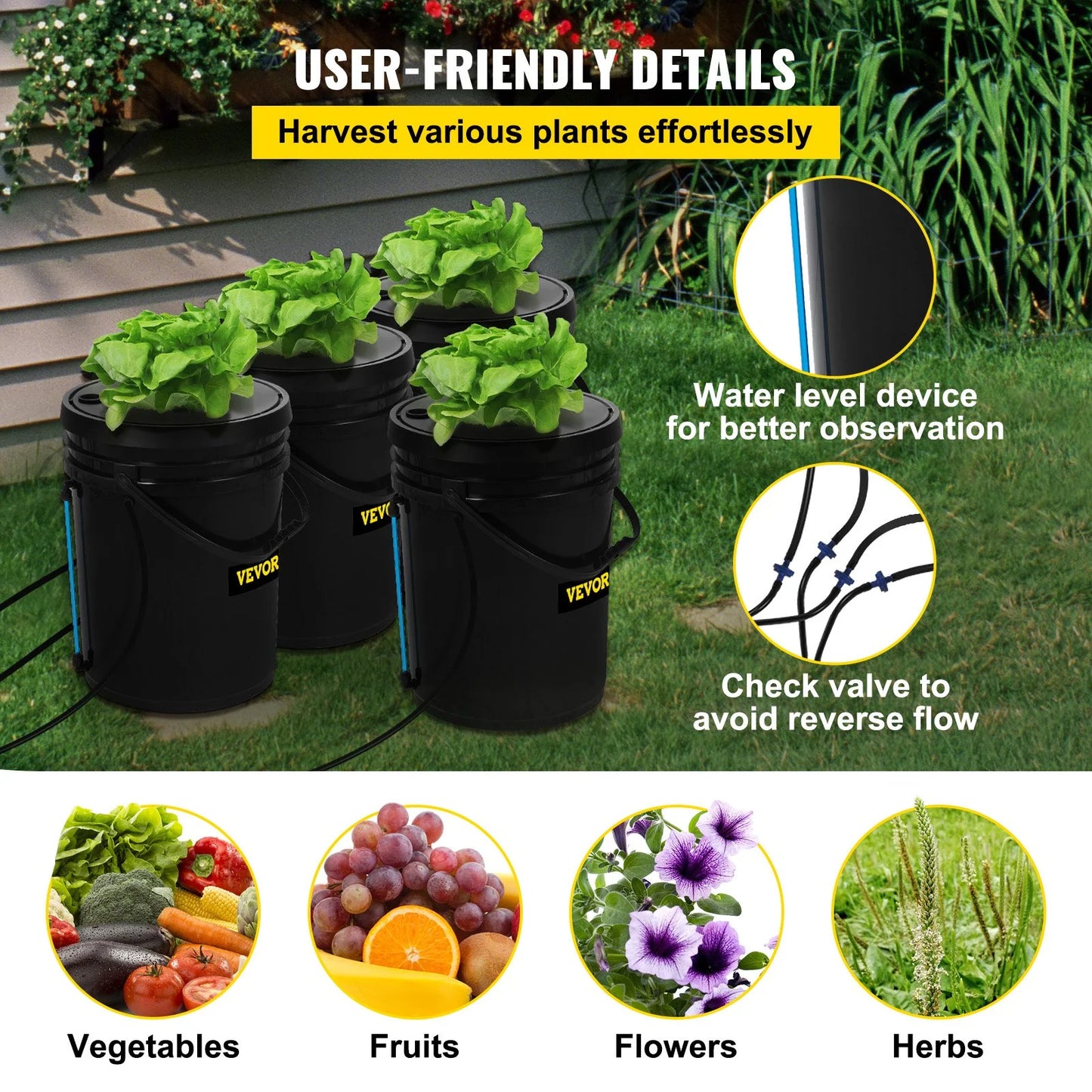 Vevor dwc hydroponic grow kit, 5-gallon, 4-bucket system with pump, air stone & water level indicator for indoor/outdoor leafy vegetables