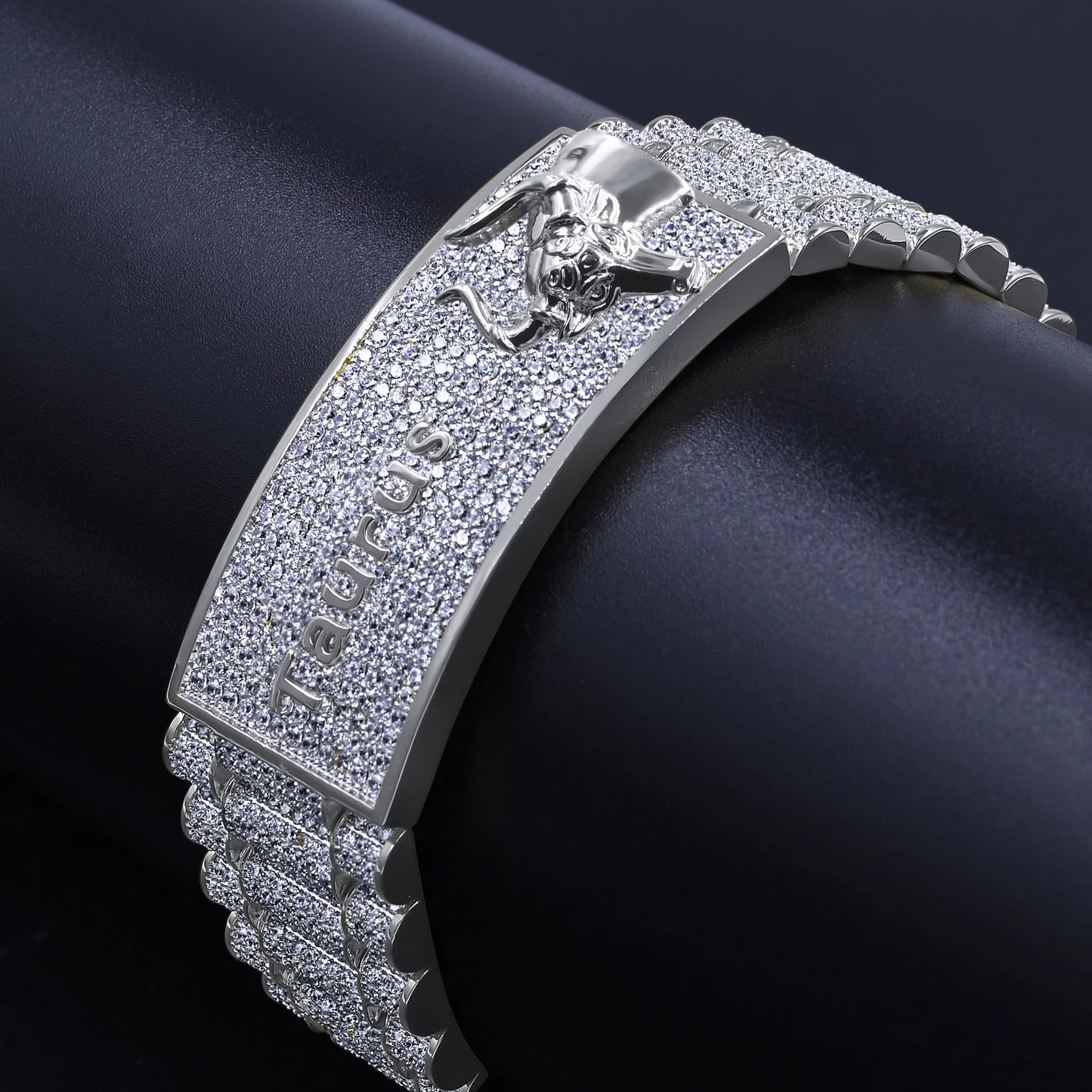 Zodiac sign taurus bull 14k white gold finish simulated diamond mens bracelet 8.5''