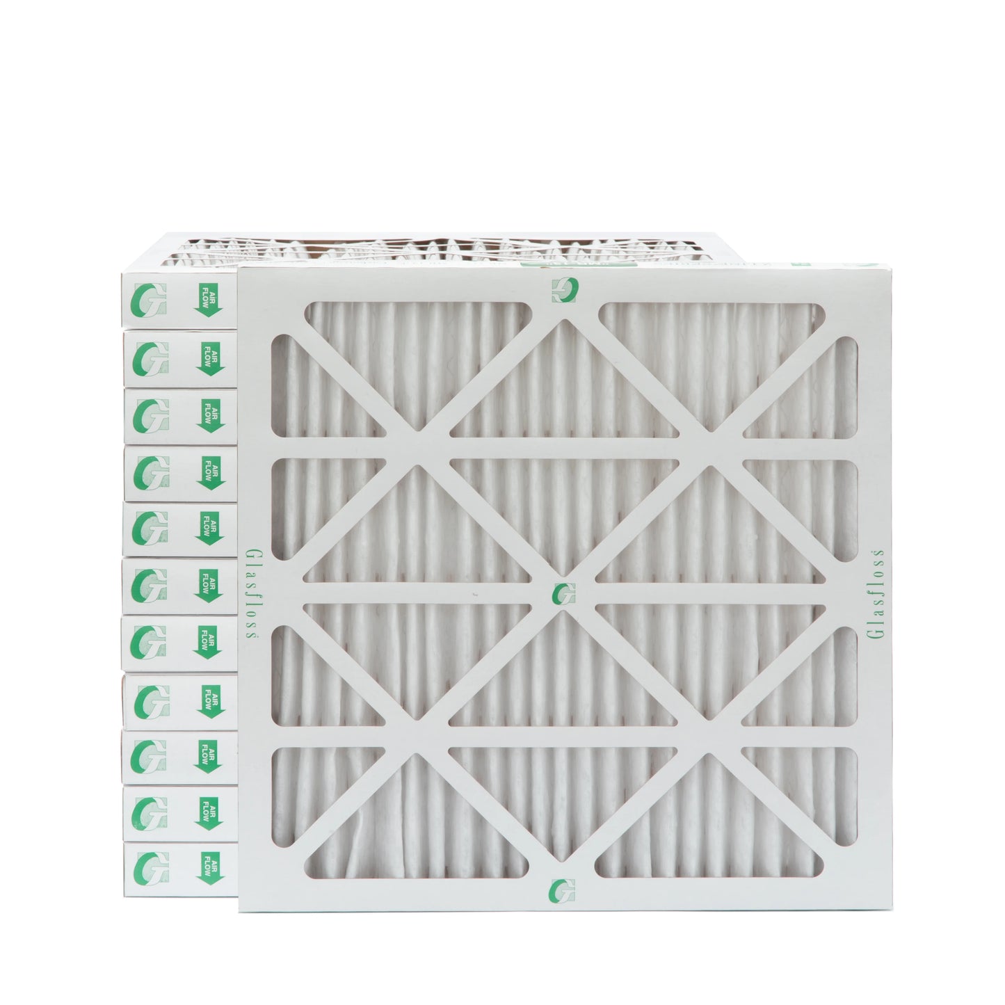 12 pack of 24x24x2 merv 13 pleated 2" inch air filters by glasfloss. actual size: 23-3/8 x 23-3/8 x 1-3/4