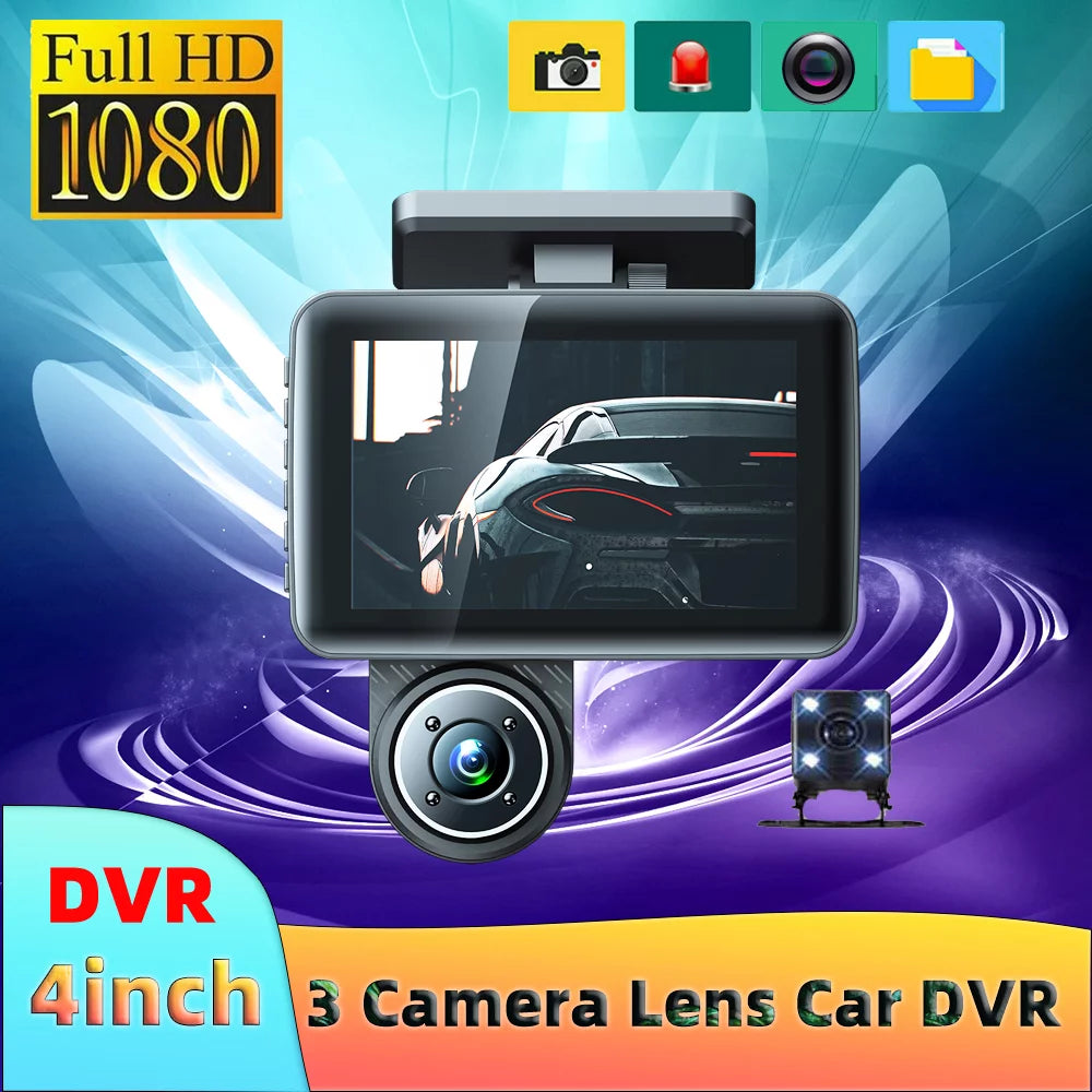 Andoer car video recording camcorder, triple channel dash cam, 4in clear car rearview mirror