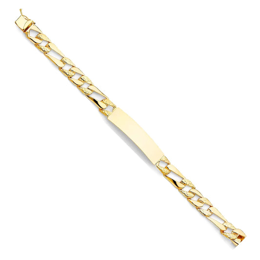 14k yellow gold stamp figaro link id bracelet - 8" | elegant 14ky gold chain bracelets for women and men| weight 14.7 | men’s jewelry for gift