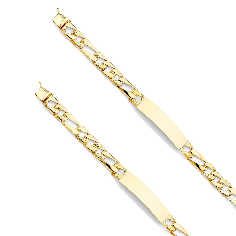 14k yellow gold stamp figaro link id bracelet - 8" | elegant 14ky gold chain bracelets for women and men| weight 14.7 | men’s jewelry for gift