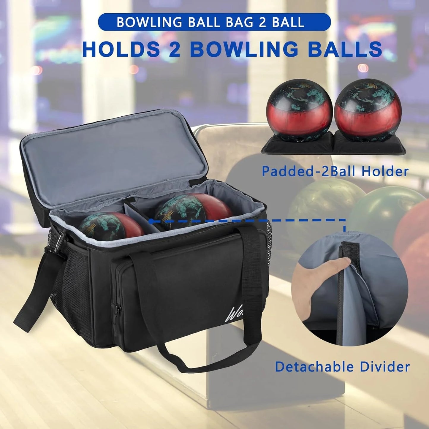 Wolt | black polyester bowling ball bag for 2 balls fits bowling shoes up to mens size 16