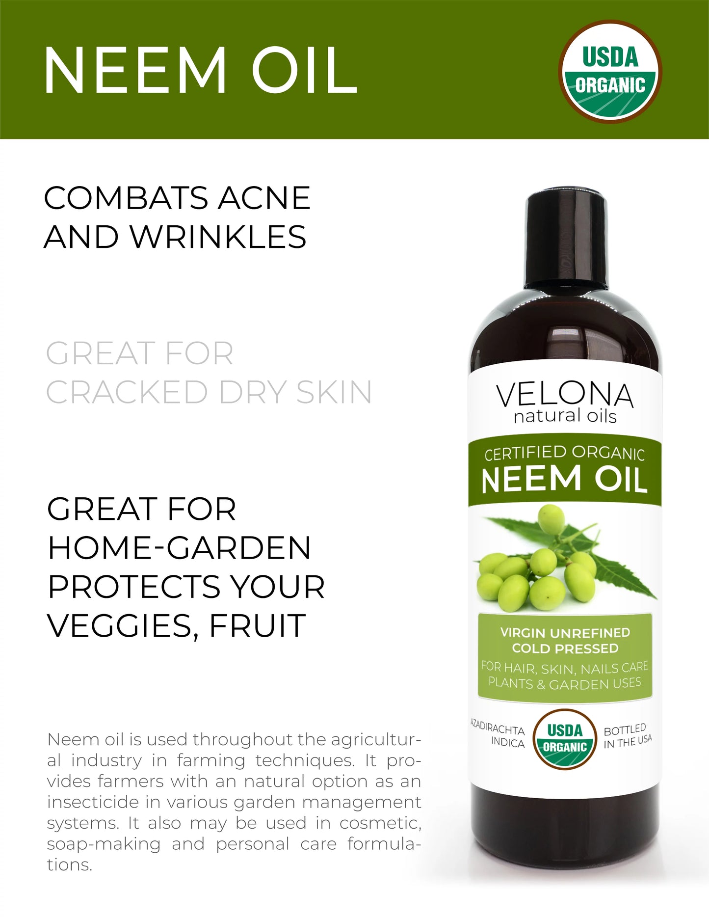 Velona neem oil usda certified organic - 7 lb | 100% pure and natural carrier oil | virgin, unrefined, cold pressed | hair, body and skin care | use today - enjoy results