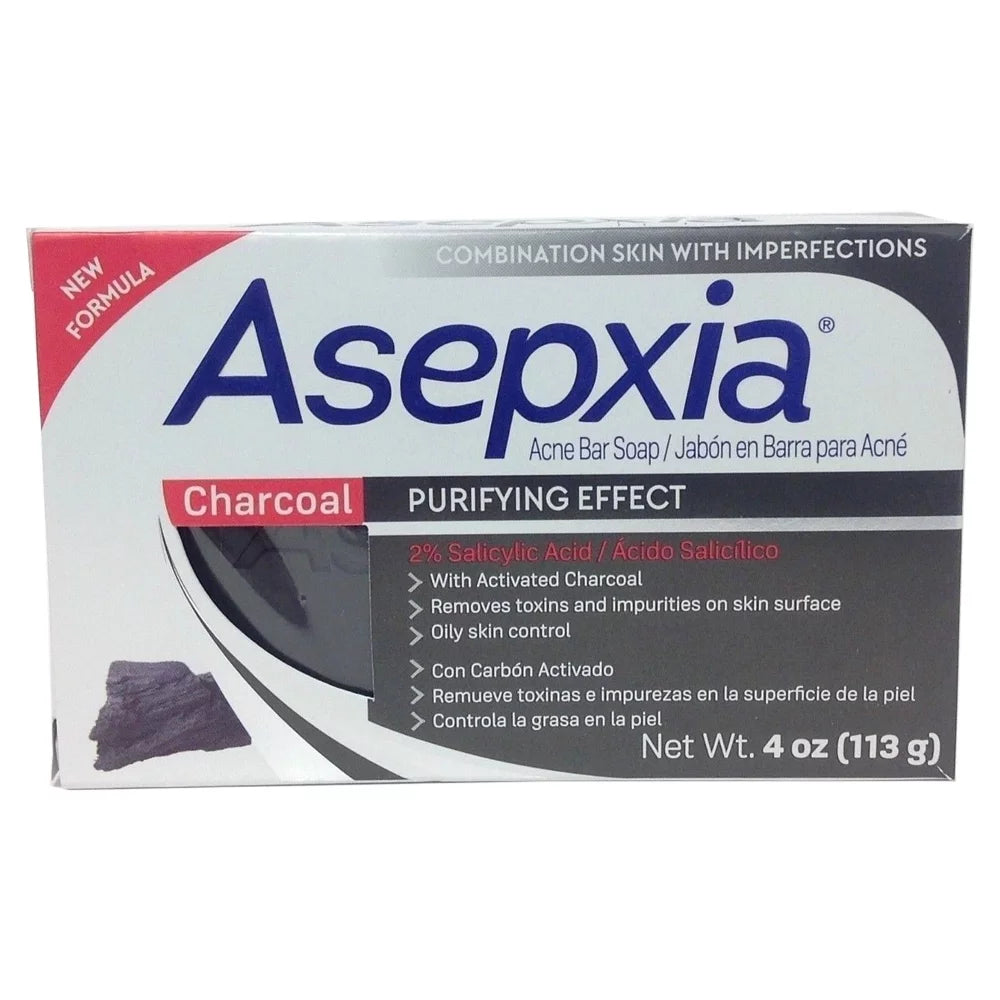 Asepxia charcoal cleansing bar soap for acne and blackheads. removes impurities and toxins. helps oily skin with salycilic acid. 4 oz. pack of 3