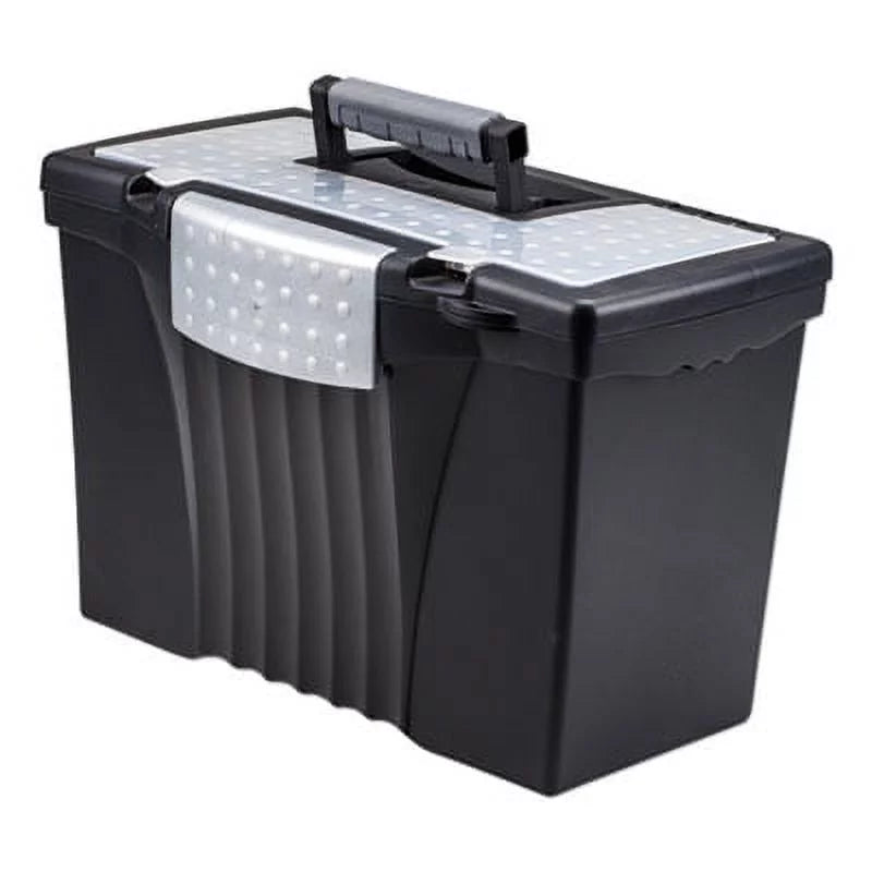 Storex portable letter/legal filebox with organizer lid, letter/legal files, 14.5" x 10.5" x 12", black