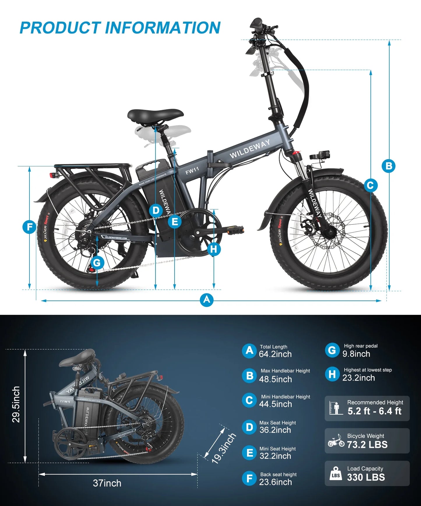 Wildeway folding electric bicycle for adults ,750w motor，48v 32ah removable battery , 7 speeds, 20×3.0 fat tire snow mountain beach city ebike