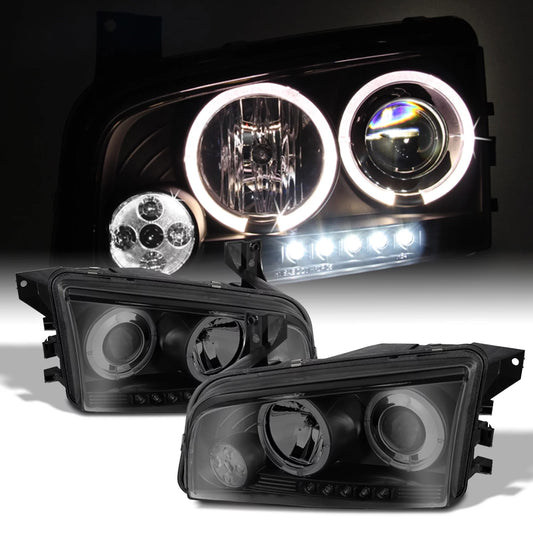 Akkon - [led tail + headlights]fits 2006-2008 dodge charger dual halo headlights + tail lights in black smoke housing