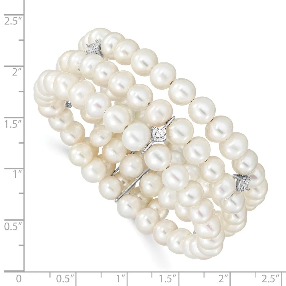 Auriga 925 sterling silver rhod-plat 6-7mm white fwc pearl & cz 3 row bracelet 7.5inch for women